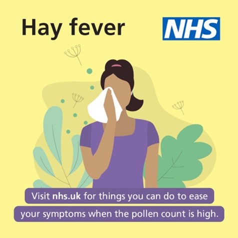 Illustration of a woman stood in a garden holding a tissue to her nose. Plants are in the background. Text in image reads; Hay fever. Visit nhs.uk for things you can do to ease your symptoms when the pollen count is high.
