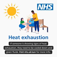 Illustration of a woman sat on a bench looking ill. Two people are attending to her as the sun glares overhead. Text in image reads: heat exhaustion. If someone is showing signs of heat exhaustion, they need to be cooled down and given fluids. Visit nhs.uk/sun for more info