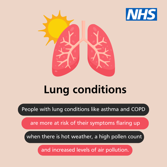 Illustration of a pair of lungs and the sun. Text reads: Lung conditions. People with lung conditions like asthma and COPD are more at risk of their symptoms flaring up where there is hot weather, a high pollen count and increased levels of air pollution.