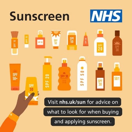 Illustration of a variety of suncream bottles of various shapes and sizes. A hand is picking one up. Text in image reads; Sunscreen. Visit nhs.uk/sun for advice on what to look for when buying and applying sunscreen