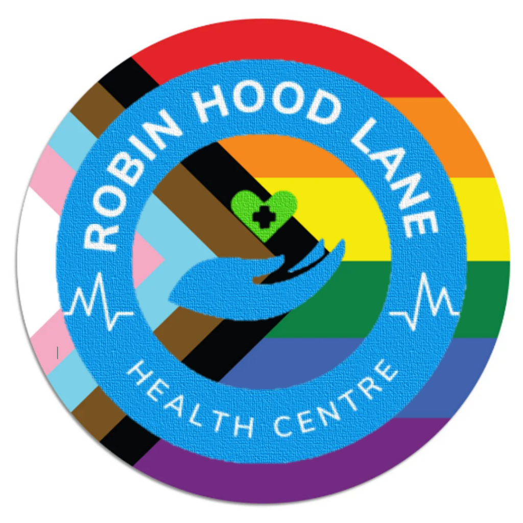 Robin Hood Lane window sticker showing the progress flag