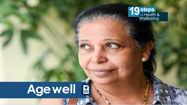 An older person looking to the side and smiling. This picture marks the start of the Age Well section.