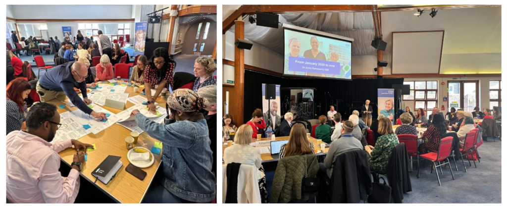 Photos of people engaged in table discussions at the Community leaders' event.