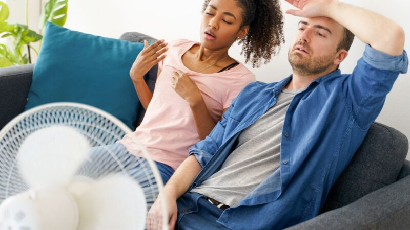 Man and woman sweltering beside a fan